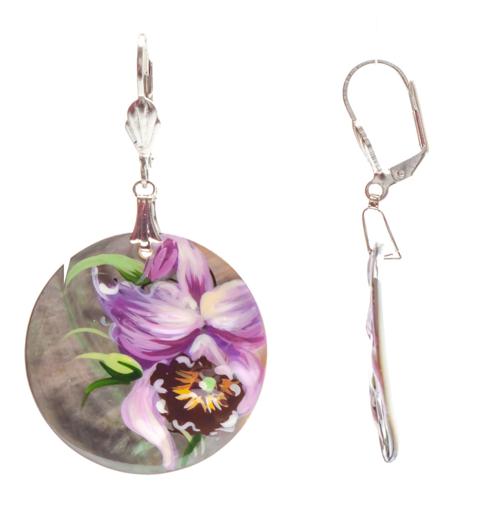 d30 mm Flower hand painted on Nacre Earrings (by Tatiana Shkatulka Crafts)