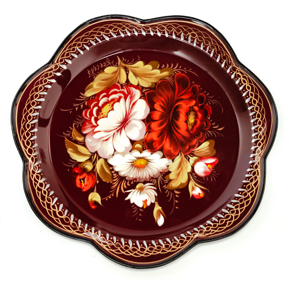 d 220 mm Zhostovo Patterns hand painted and lacquered by Blagova Metal Forged Carmine Tray (by Lada Crafts)