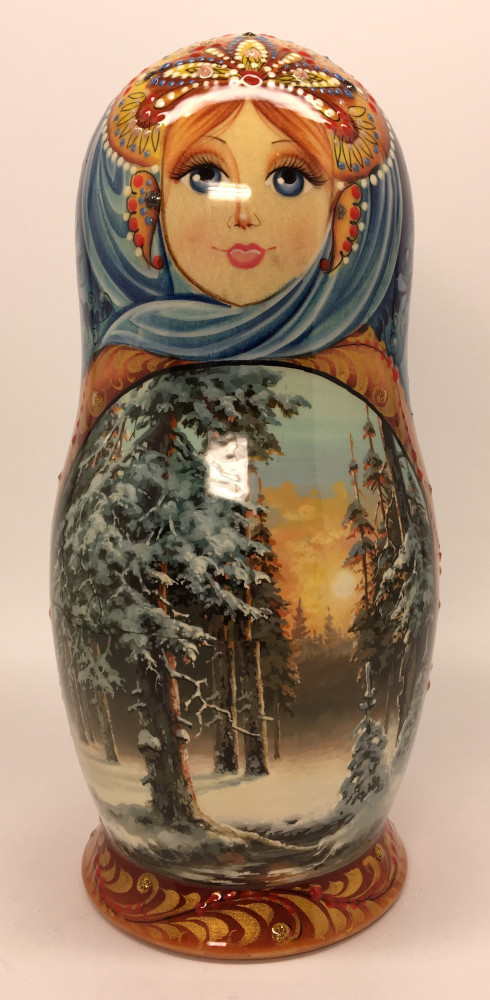 190 mm Winter Forest Landscape hand painted on Wooden Matryoshka doll 5 pcs (by Natalia crafts)