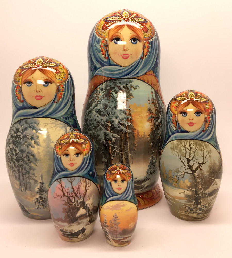 190 mm Winter Forest Landscape hand painted on Wooden Matryoshka doll 5 pcs (by Natalia crafts)