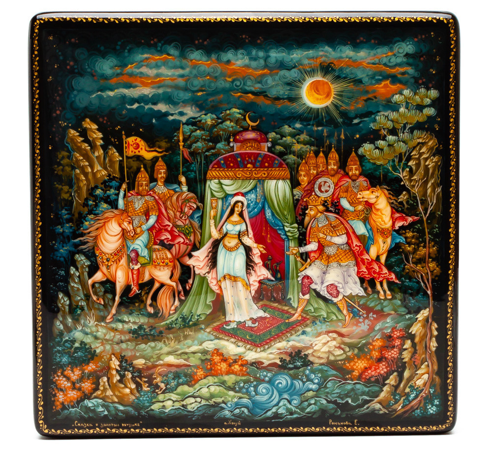150x150mm The Tale of the Golden Cockerel hand painted lacquered box from Palekh (by Pavel Studio)