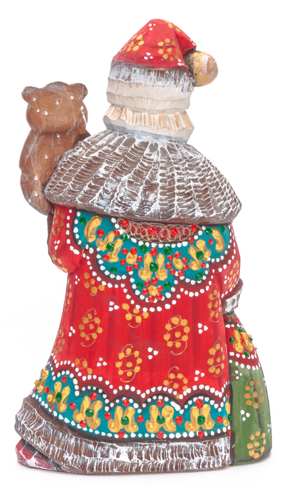 180 mm Santa with a Bag and a Bear Carved Wood Hand Painted Collectible Figurine (by Natalia Nikitina Workshop)