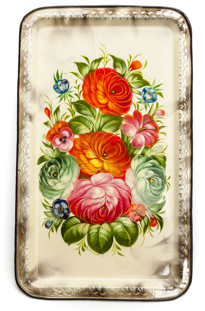 235x395 mm Zhostovo Patterns hand painted and lacquered by Anisimova Metal Forged White Tray (by Lada Crafts)