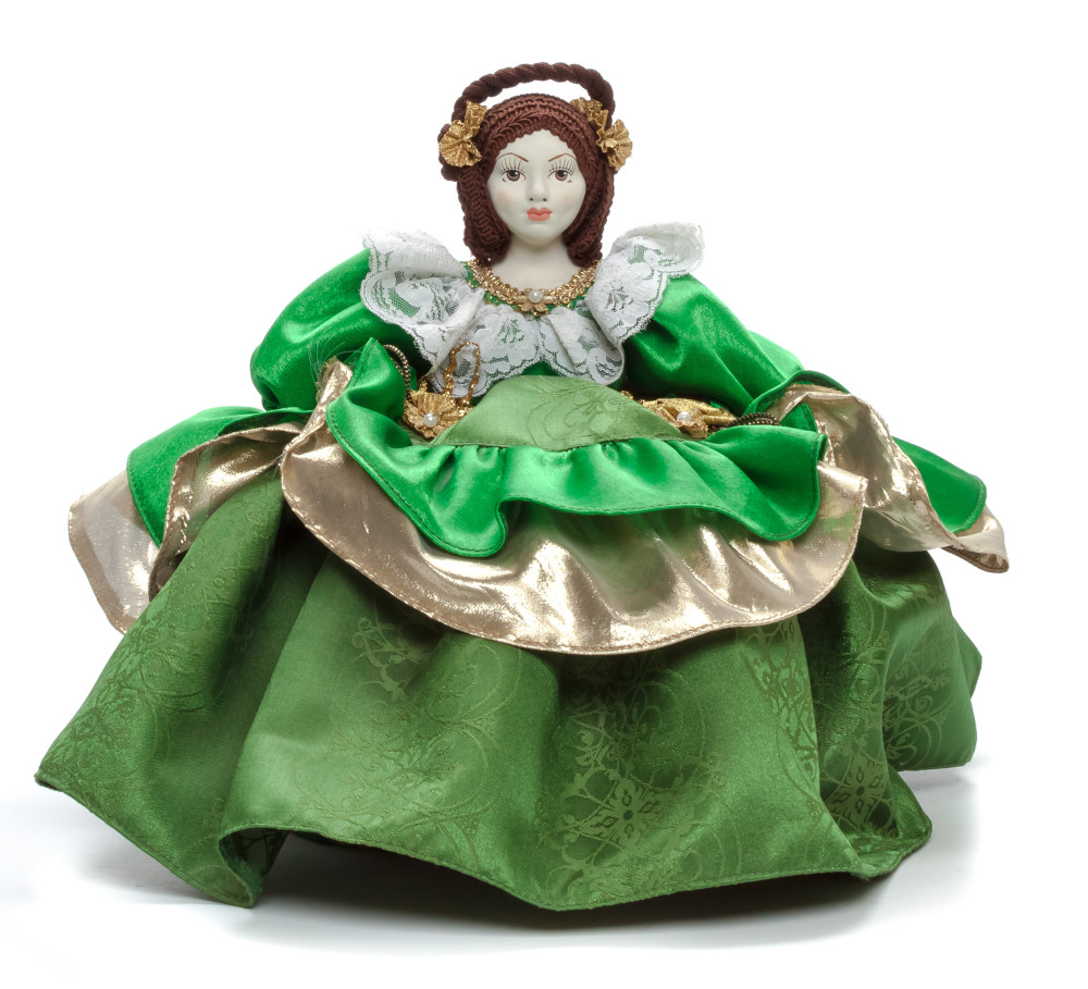 Young Lady in a Green Dress Kettle Porcelain Doll Warmer - 15 Inches