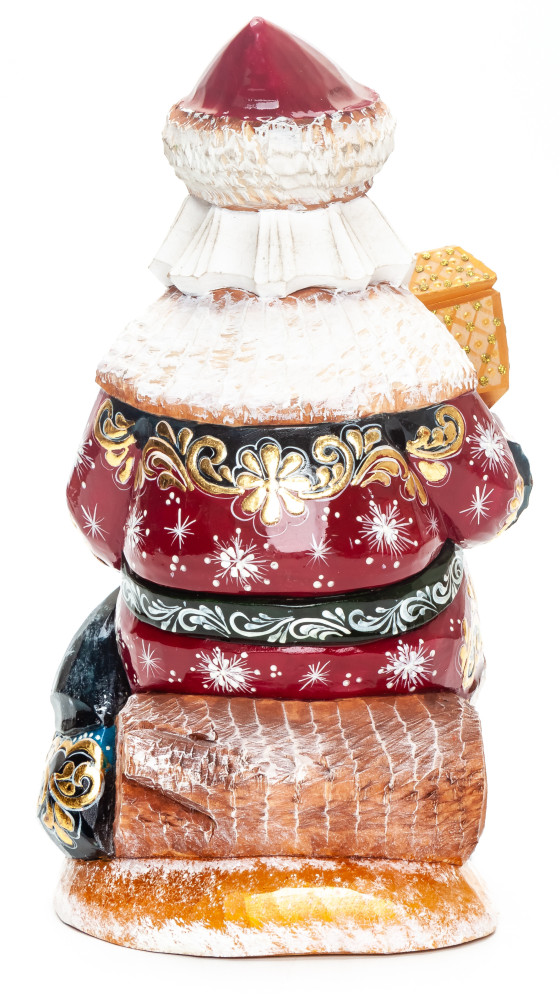 220 mm Santa with a Lamp and a Bag handpainted Wooden Carved Statue (by Igor Carved Wooden Figures Studio)