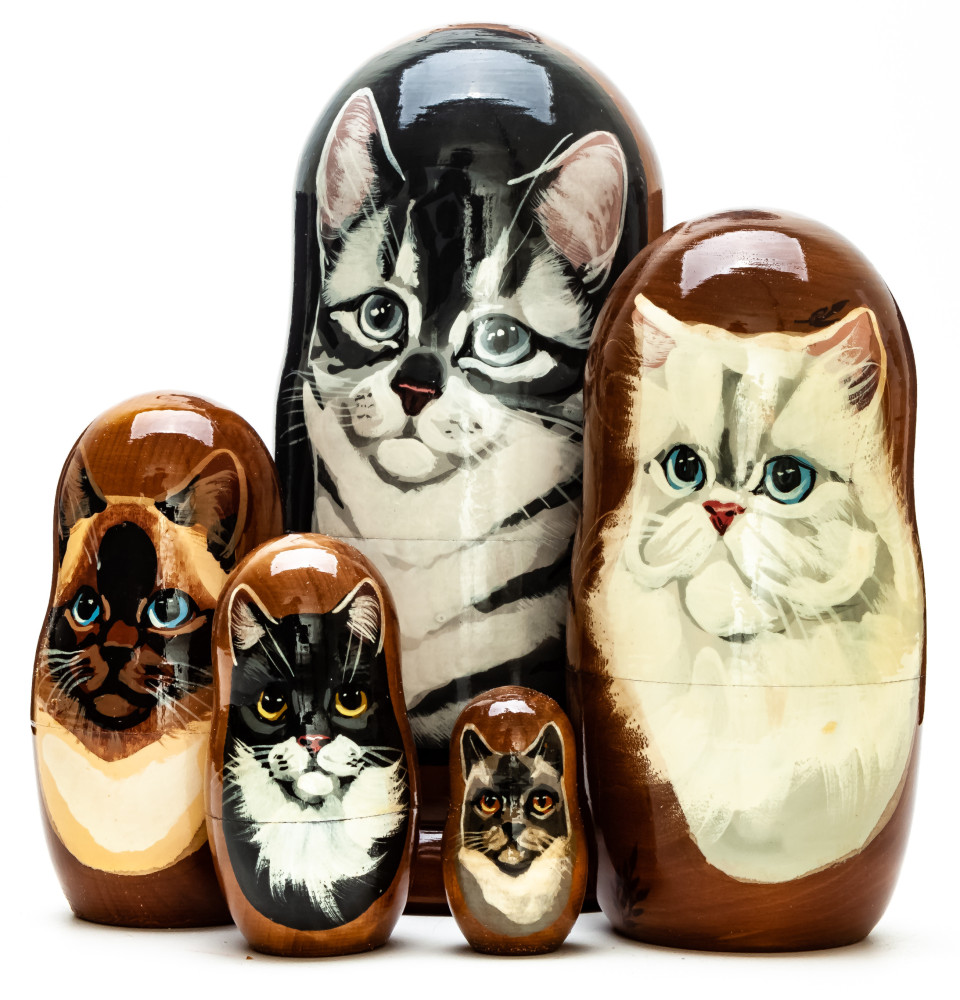 180mm Cat hand painted on wooden Matryoshka doll 5 pcs (by Alexander Famous Paintings Studio)