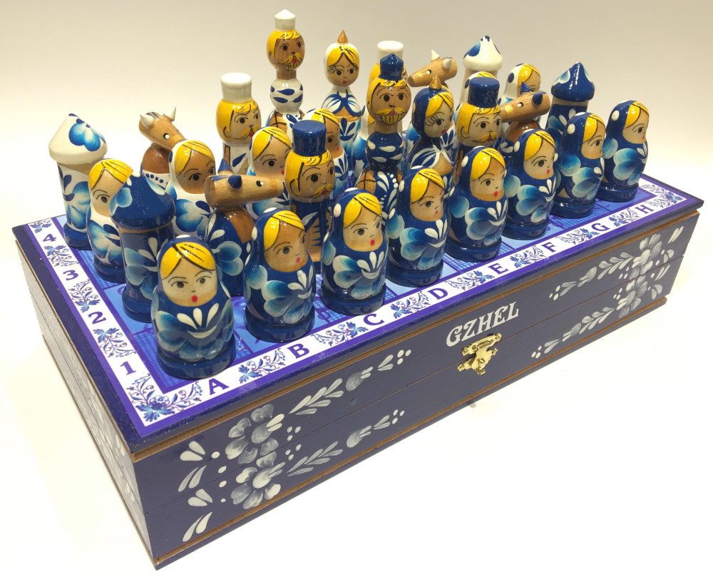Wooden Chess Board with Gzhel Art Hand Painted Chess Pieces
