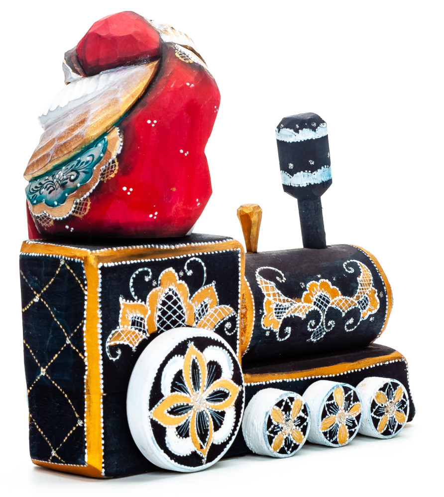 140 mm Santa with a Bag Riding the Train Carved Wood Hand Painted Collectible Figurine (by Igor Carved Wooden Figures Studio)