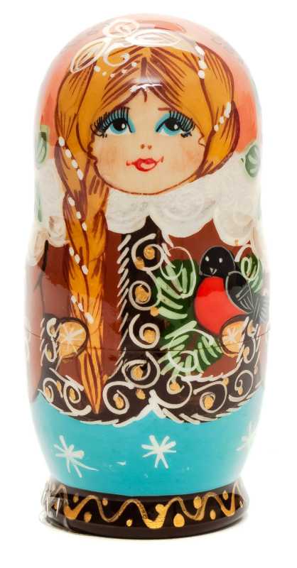 110 mm Girl with a Bullfinch hand painted on Wooden Matryoshka doll 5 pcs (by Skazka)