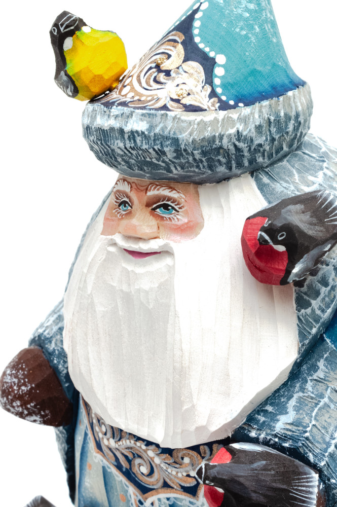 150 mm Santa Claus with Bullfinches hand painted wooden figurine (by Sergey Christmas Workshop)