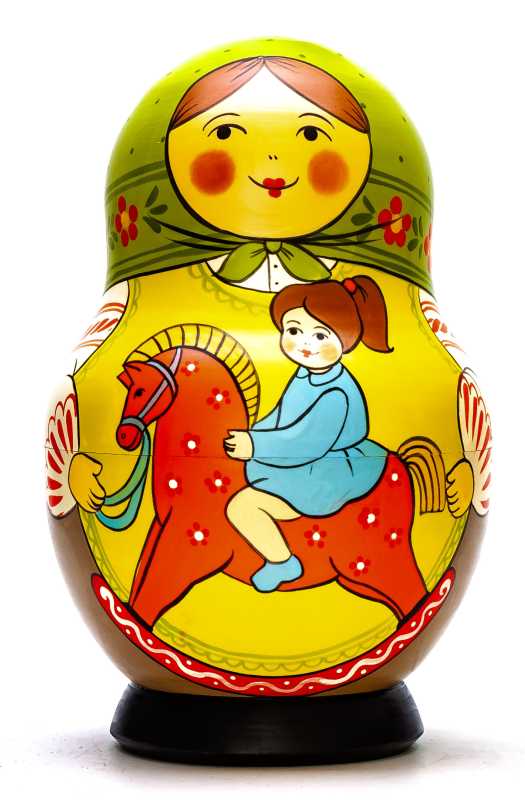 190 mm Mother with Daughter Riding the Wooden Toy Horse hand painted Traditional Russian Wooden Matryoshka round doll 10 pcs (by Sergey Malyutin)