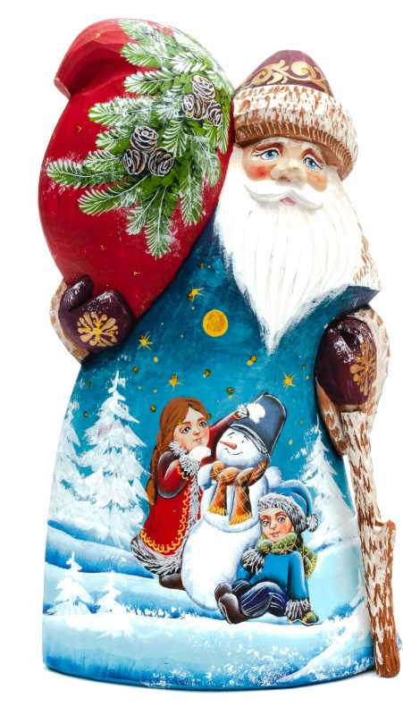 210 mm Santa Claus with a Painting of Children And a Snowman (by Igor Carved Wooden Figures Studio)