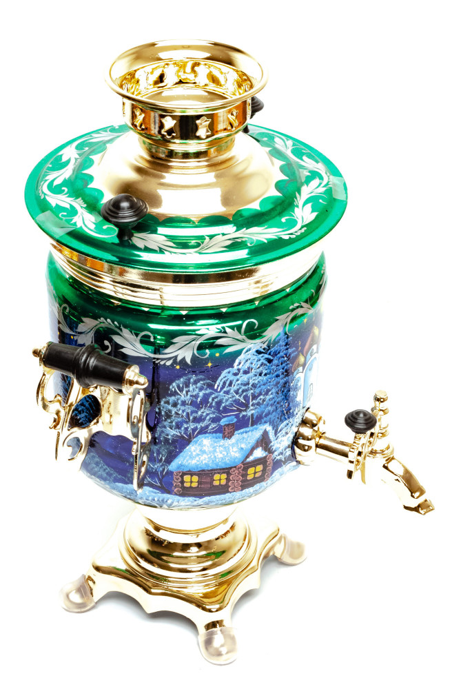 Russian Christmas Night Hand Painted Electric Samovar Kettle with Teapot and Tray