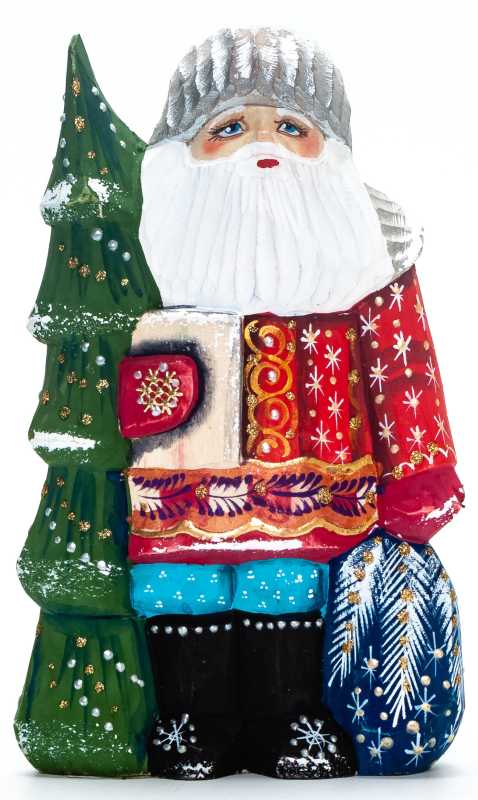 150 mm Santa with a Christmas Green Tree and a Bag Carved Wood Hand Painted Collectible Figurine  (by Igor Carved Wooden Figures Studio)