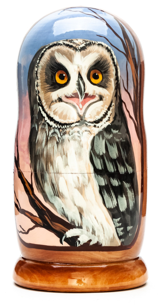 180mm Owl hand painted on wooden Matryoshka doll 5 pcs (by Alexander Famous Paintings Studio)