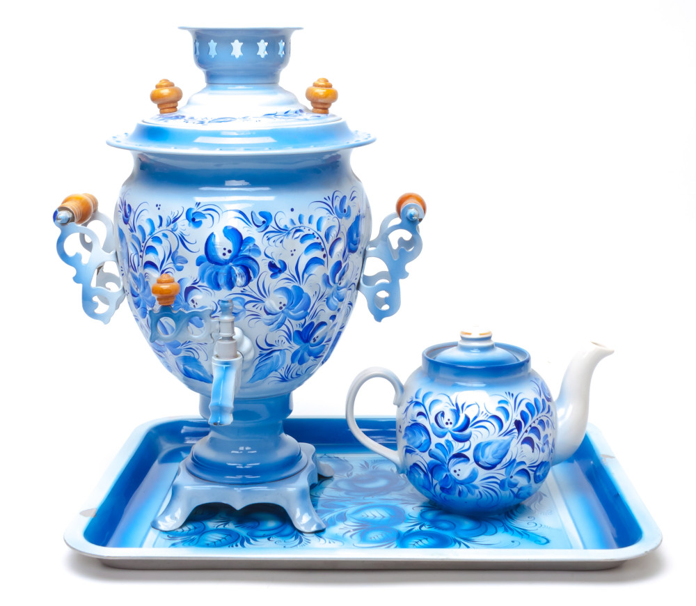 Gzhel Hand Painted Electric Samovar Kettle with Teapot and Tray