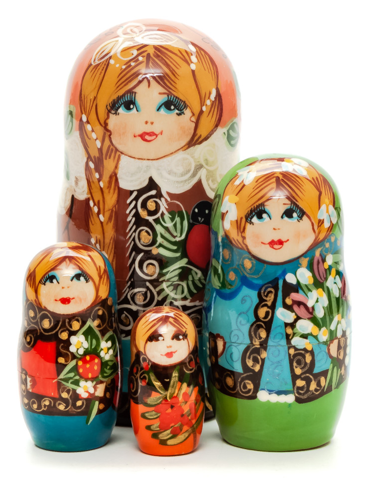 110 mm Girl with a Bullfinch hand painted on Wooden Matryoshka doll 5 pcs (by Skazka)