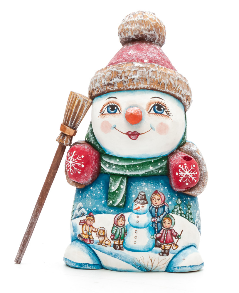 160 mm Snowman with a Broom and a Green Christmas Tree on wooden Figurine with hand painted Kinds playing in the Street (by Natalia Nikitina Workshop)