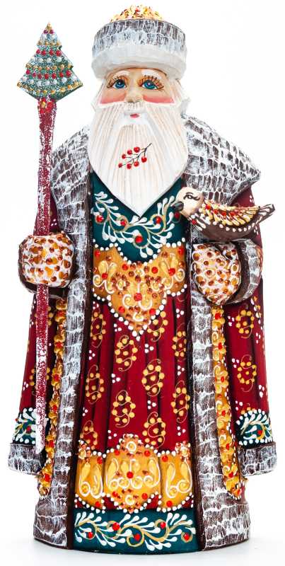 230 mm Santa with a Magic Staff and a Bird handpainted Wooden Carved Statue (by Natalia Nikitina Workshop)