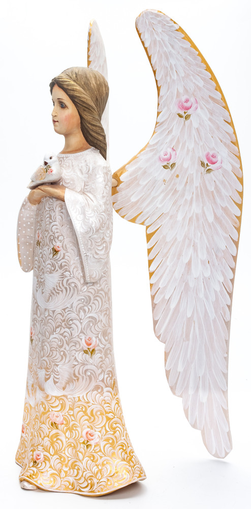 290 mm Mother Angel with Dove hand painted wooden figurine (by Polar Bear Studio)