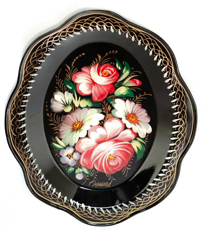 180x220 mm Zhostovo Patterns hand painted and lacquered by Blagova Metal Forged Black Tray (by Lada Crafts)
