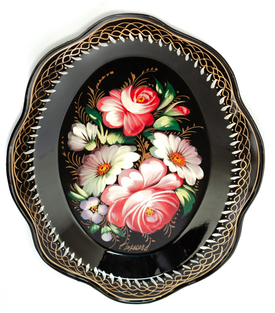 180x220 mm Zhostovo Patterns hand painted and lacquered by Blagova Metal Forged Black Tray (by Lada Crafts)