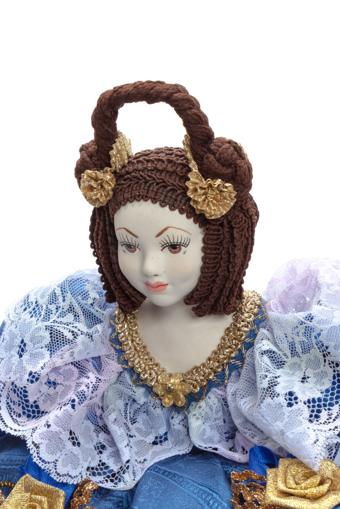 Young Lady in a Blue Dress Kettle Porcelain Doll Warmer - 15 Inches