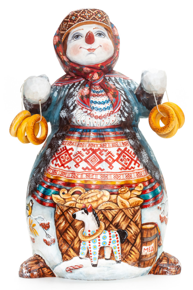 260 mm Snowman with Bagels hand painted wooden figurine (by Natalia Nikitina Workshop)