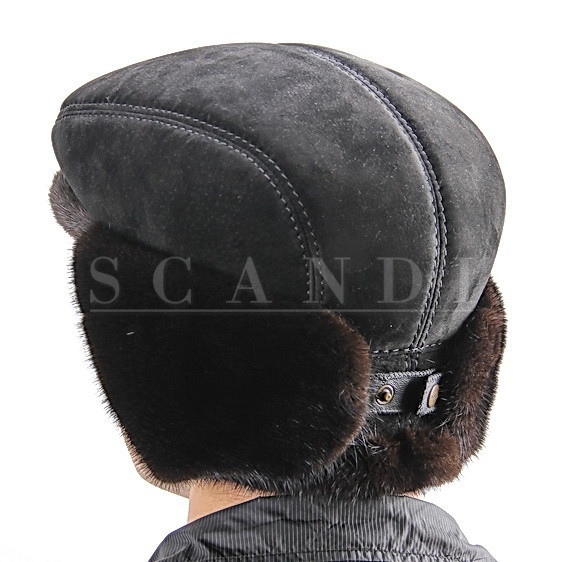 Black Suede Bugatti Cap with Ear flaps and Mink Fur (by Scandi Furs)