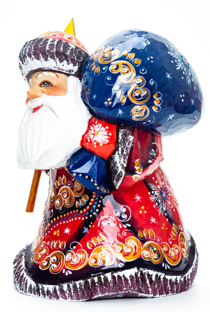 160 mm Santa with a Magic Staff and a Bag Carved Wood Hand Painted Collectible Figurine (by Igor Carved Wooden Figures Studio)
