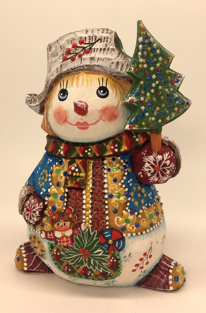 140 mm Snowman hand carved and painted wooden figurine (by Natalia Workshop)