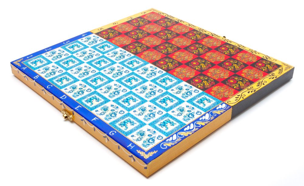 Khokhloma and Gzhel Hand Painted Chess Pieces on Wooden Chess Board
