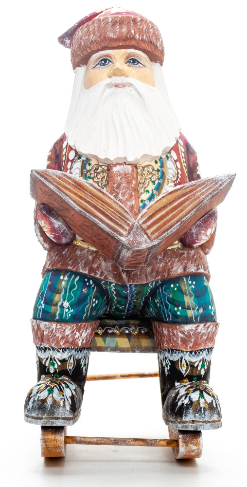 270 mm Santa Claus in a Rocking Chair with a Book handpainted Wooden Carved Statue (by Igor Carved Wooden Figures Studio)