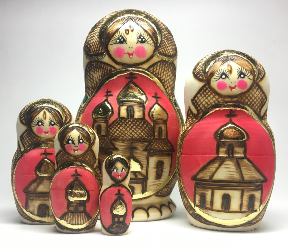 120 mm Moscow Cathedrals hand painted and burnt Russin Matryoshka doll 5 pcs (by Elena Crafts)
