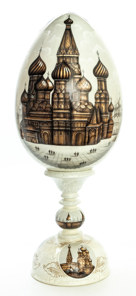 440 mm Saint Basil Cathedral hand painted on red colored wooden Egg with standby (by Tatiana Crafts)
