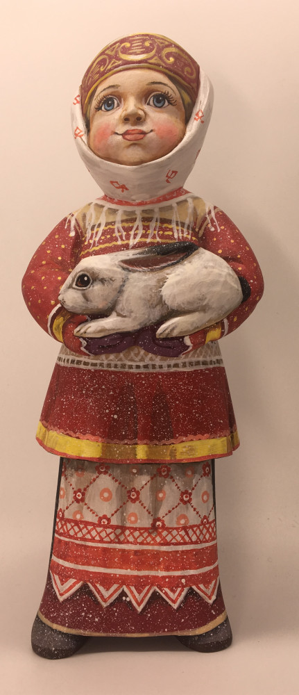 22cm Russian Girl in a Winter Dress with Rabbit hand painted by Karpova Nadezda