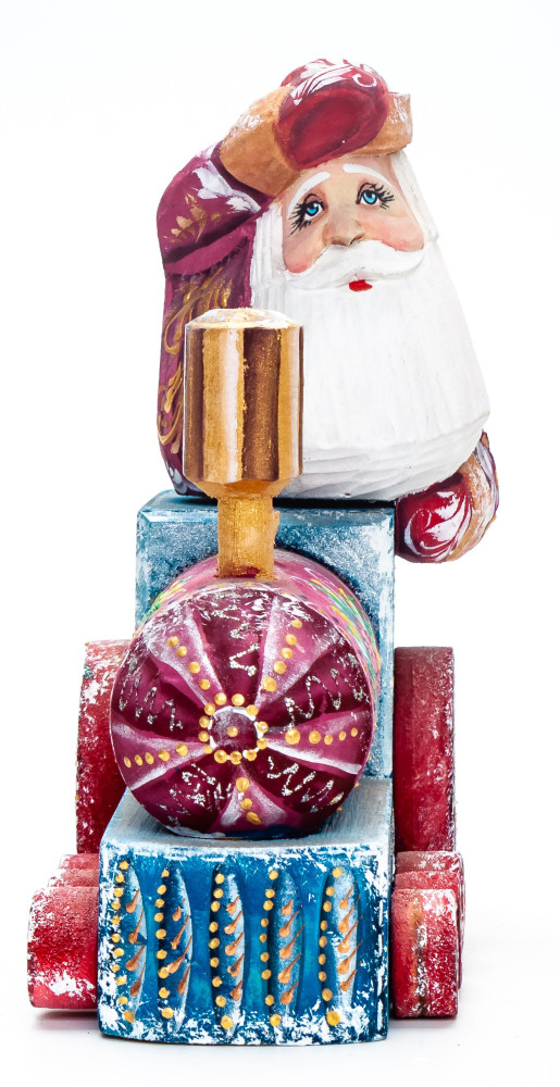 150 mm Santa with a Bag Riding the Train Carved Wood Hand Painted Collectible Figurine (by Igor Carved Wooden Figures Studio)
