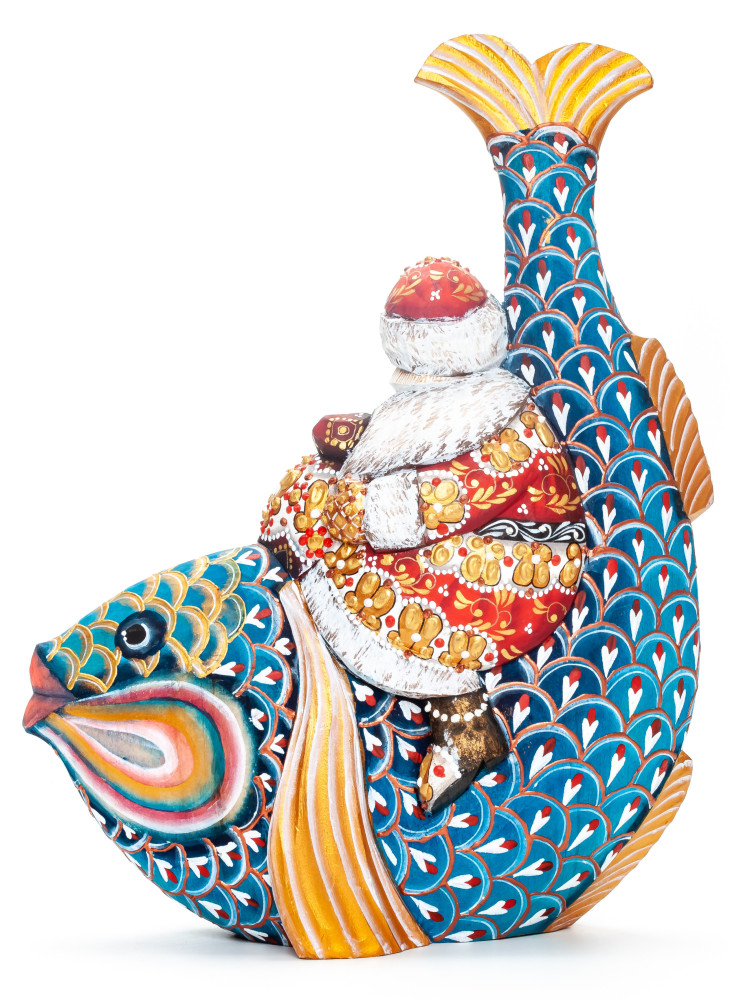 260 mm Santa Claus with a Bag Riding the Fish Carved Wood Hand Painted Collectible Figurine  (by Natalia Nikitina Workshop)