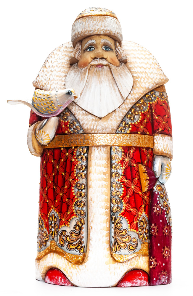 260 mm Santa with a Bird Carved Wood Hand Painted Collectible Figurine  (by Natalia Nikitina Workshop)