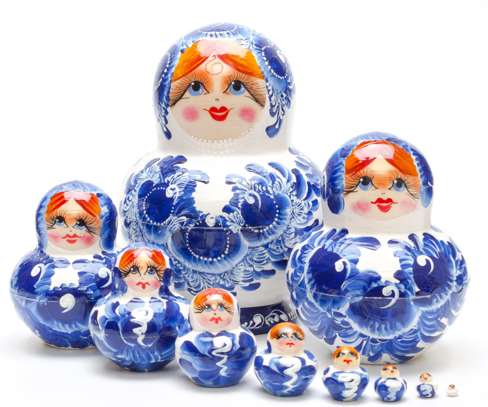 150 mm Gzhel Patterns hand painted Wooden Matryoshka 10 pcs (by Tatiana Dolls Studio)