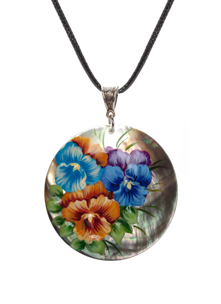  d60 mm Flowers hand painted Nacre Pendant (by Tatiana Shkatulka Crafts)