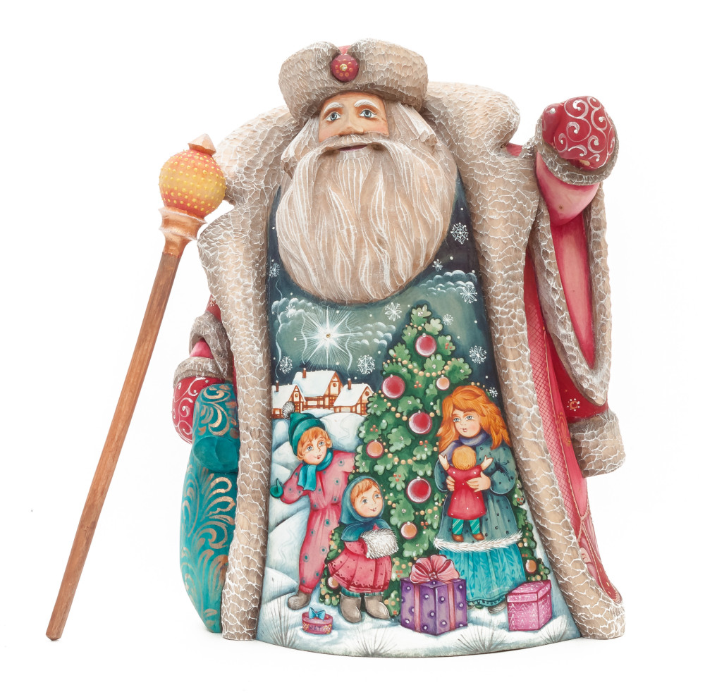 220 mm Santa with a Magic Staff and a Bag with hand painted Kids playing at the Green Christmas Tree Carved Wood Collectible Figurine (by Sergey Christmas Workshop)