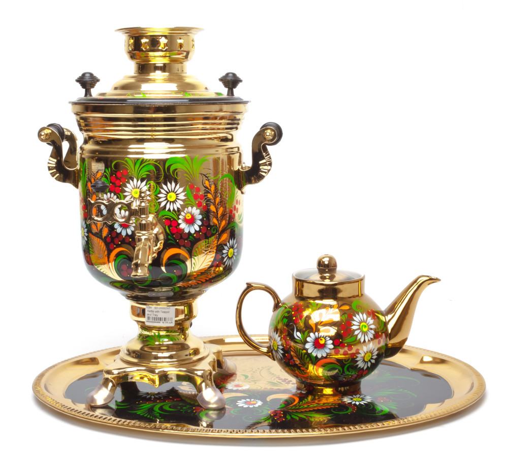 Camomiles Hand Painted Electric Samovar Kettle with Teapot and Tray