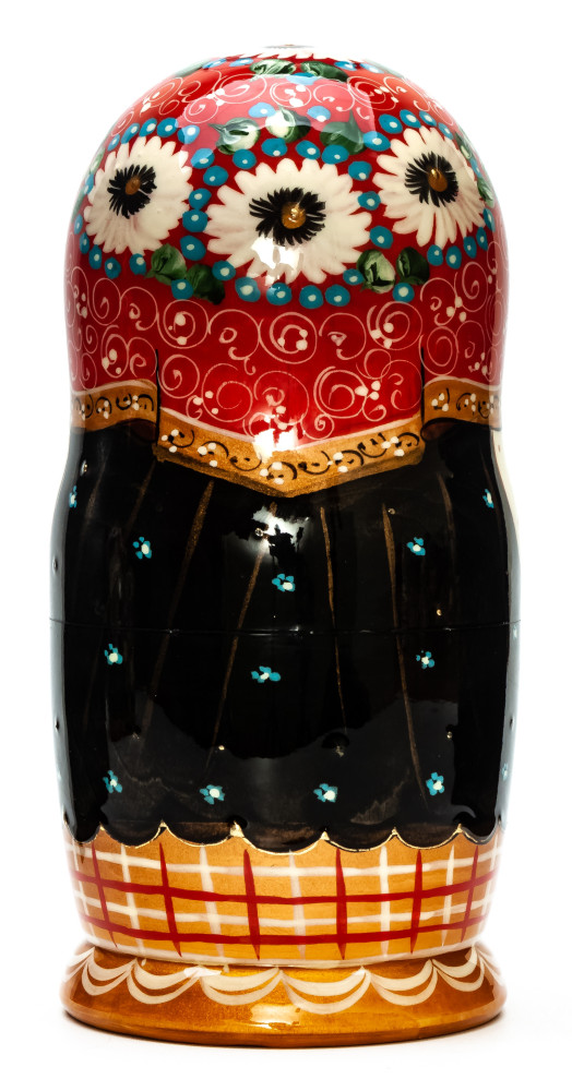 170 mm Russian Girl in Traditional Dress plays with Kitten hand painted wooden Matryoshka doll 5 pcs (by A Studio)