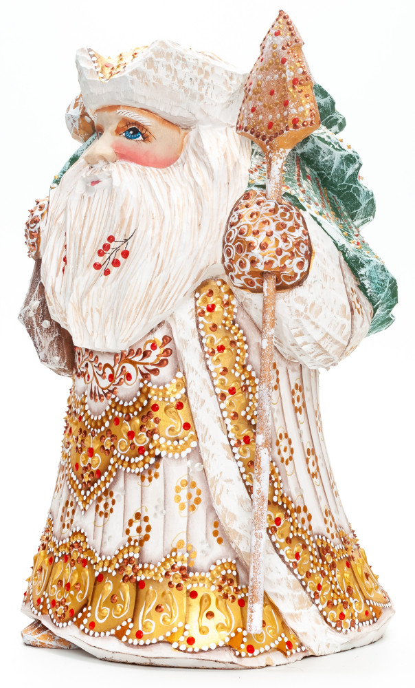 220 mm Santa Claus with a Green Christmas Tree and a Magic Staff handpainted Wooden Carved Statue (by Natalia Nikitina Workshop)