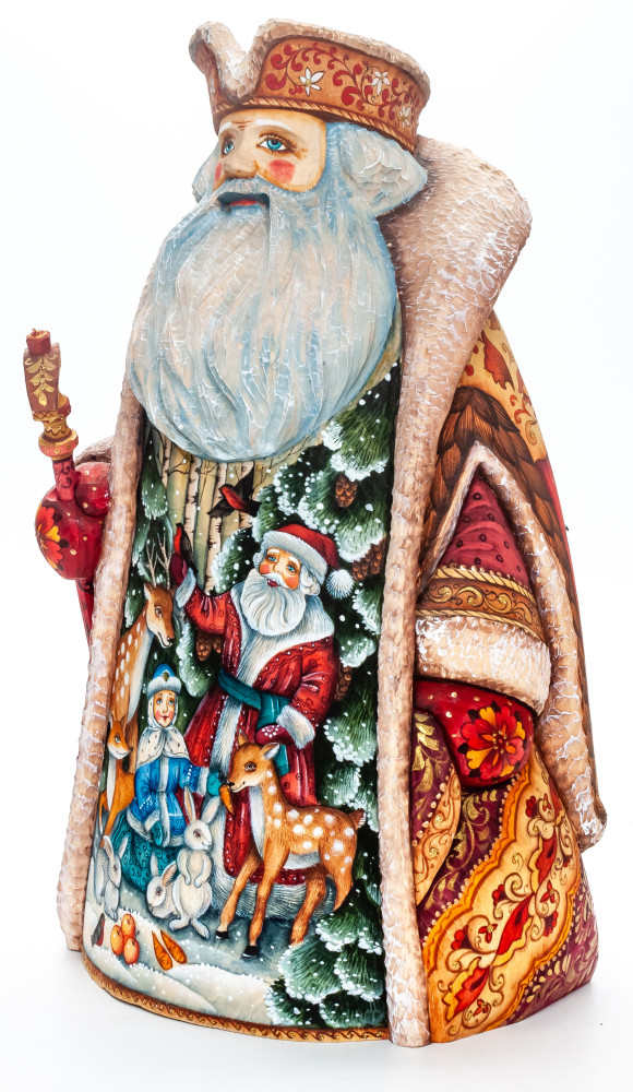 300 mm Santa Claus with a Magic Staff with handpainted Santa Claus and Snowmaiden Princess Wooden Carved Statue (by Sergey  Christmas Workshop)