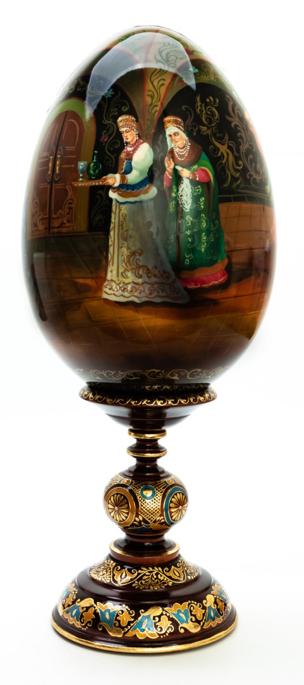480 mm The Wedding hand painted on red colored wooden Egg with standby (by Tatiana Crafts)