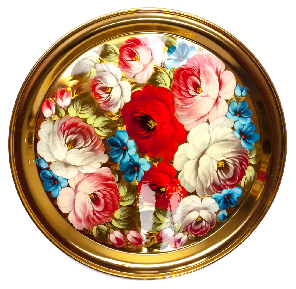 Zhostovo Flowers Electric Gold Samovar Kettle with 4 hand painted Brass Tea Glass Holders, Ceramic Teapot and metal Tray