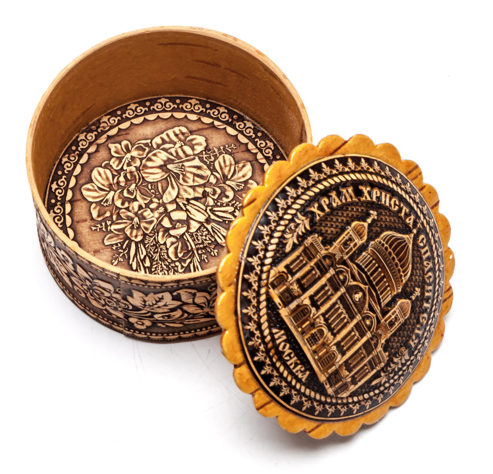 d 65 mm Siberian Patterns hand made Birchbark Jewelry Box (by Maxim Birch)