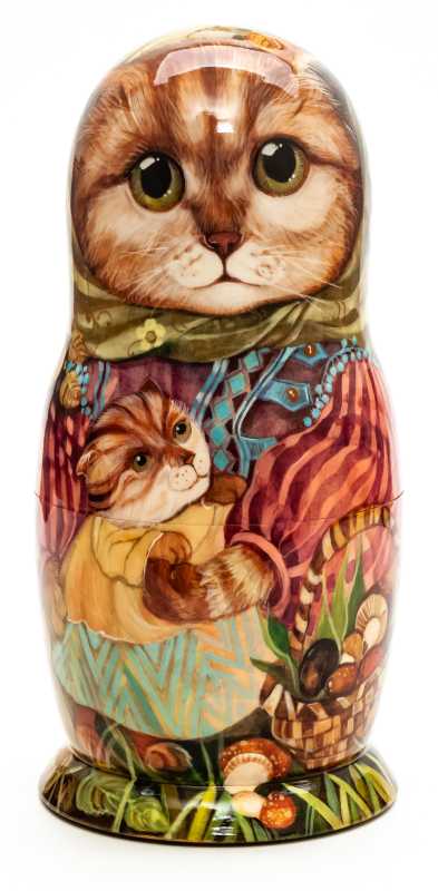 180 mm Mother Cat with Kitten hand painted wooden Matryoshka 5 pcs (by Vasily Crafts)